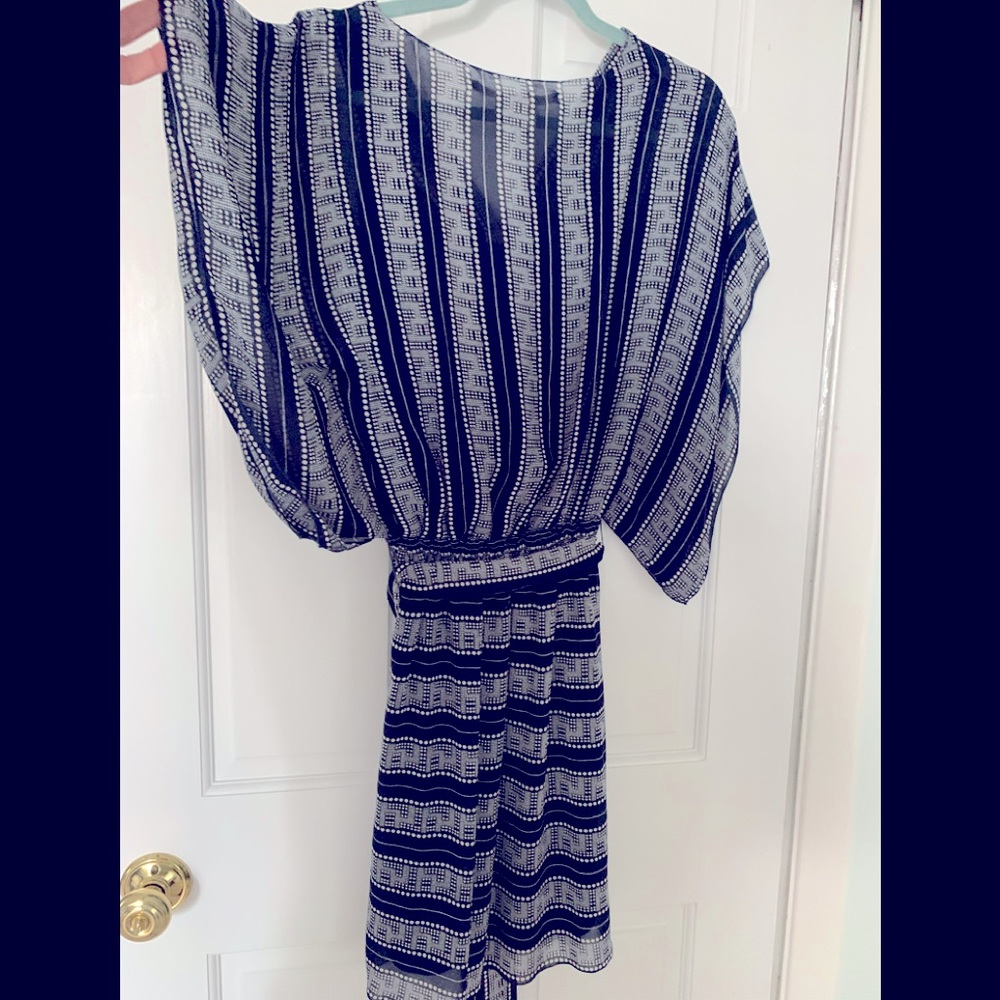 Dark navy and white striped dress knee-length, belted, lined, flowy sleeve $29 S
